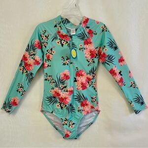 NWT Girls Long Sleeve Zip Front Rashguard SPF 50 Swimsuit / Sz 7/8